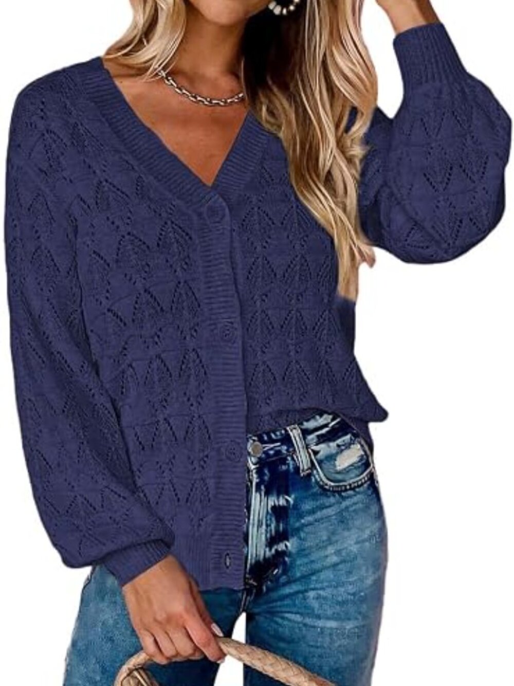 💙 Zeagoo Crochet Button Front Knit Cardigan Sweater | Navy Blue | Size Large